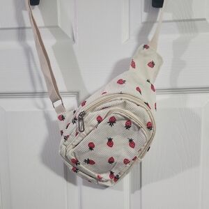 Cream Strawberry Print Crossbody Sling Bag with Adjustable Strap